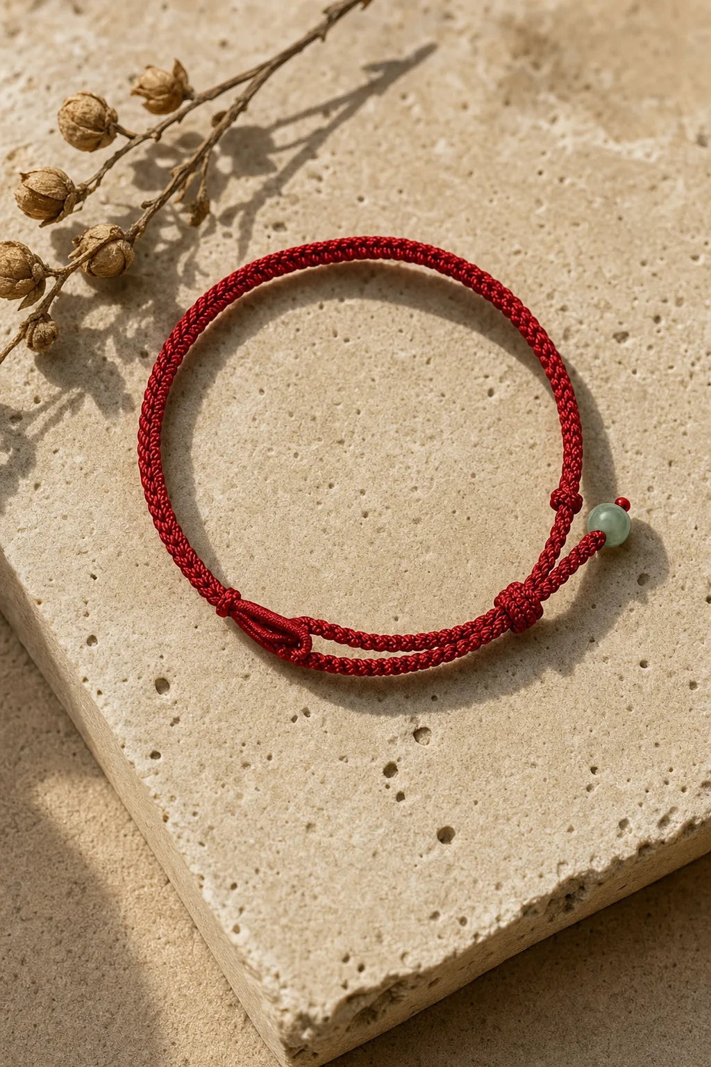 Red String Jade Bracelet, ZAIA jewelry, hero view. Warm travertine editorial image. Warm natural light, low-contrast editorial photography.