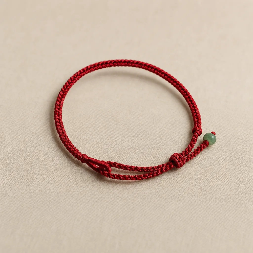 Red String Jade Bracelet, ZAIA jewelry, pack view. Clean studio product image. Warm natural light, low-contrast editorial photography.