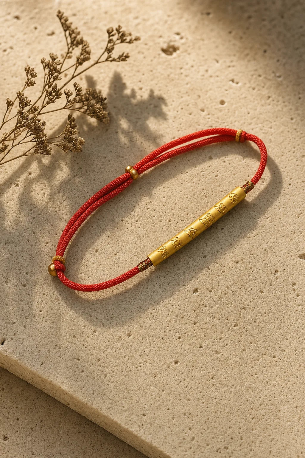 Tibetan Mani Mantra Red String Bracelet - Silver Charm, ZAIA jewelry, hero view. HERO — Editorial still life. Warm natural light, low-contrast editorial photography.